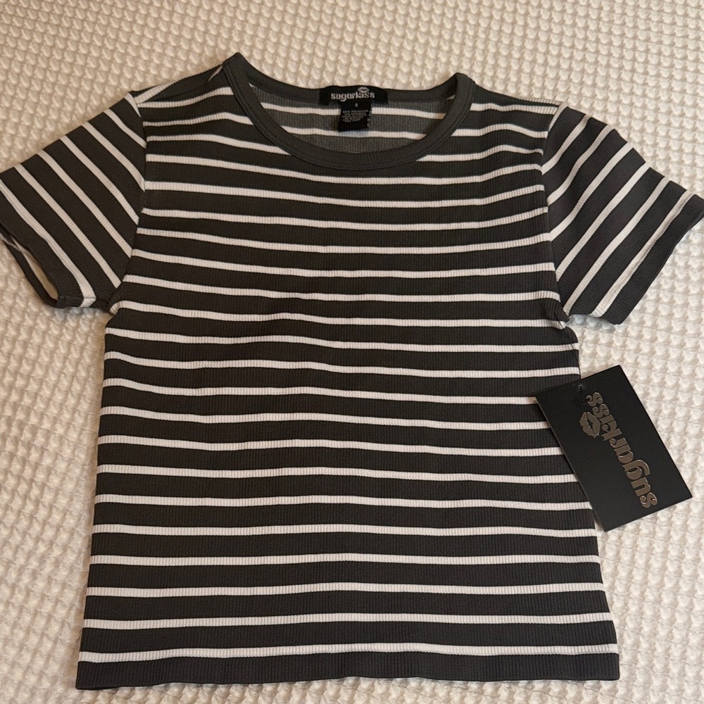 Sugar Black and White Striped Ribbed Short Sleeve Tee